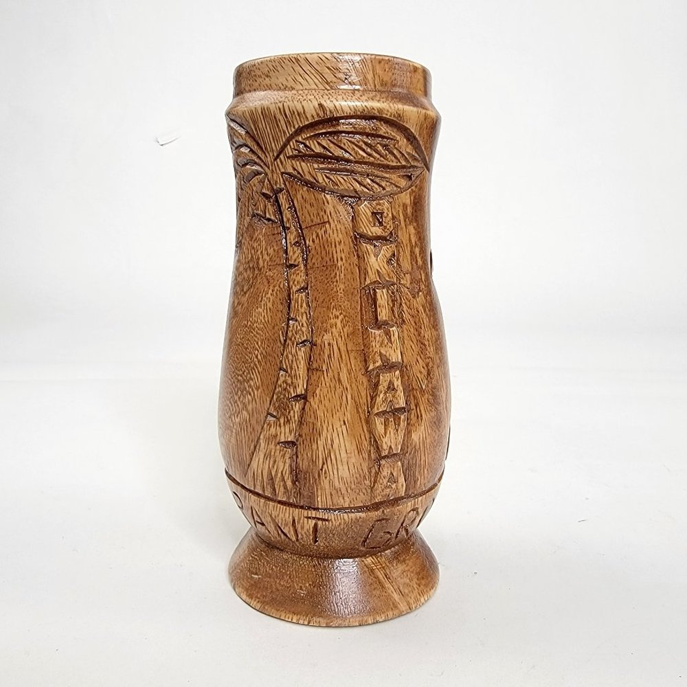 Vintage Okinawa Sams Restaurant Group Wood Tiki Mug Souvenir Cup Palm Tree